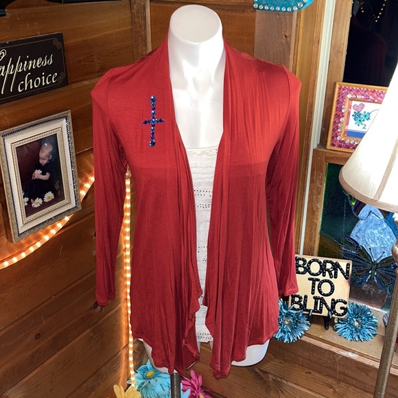 COPPER/RUST open cardigan crystal cross detail 3/4 sleeve tailored back NWT - Picture 2 of 7